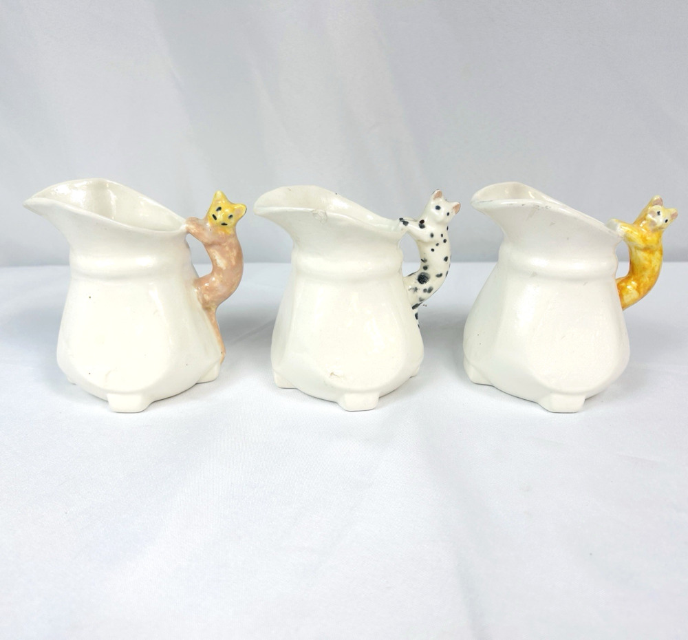 Vtg Lot Of 3 Cat Handle Creamer Pitcher White Ceramic